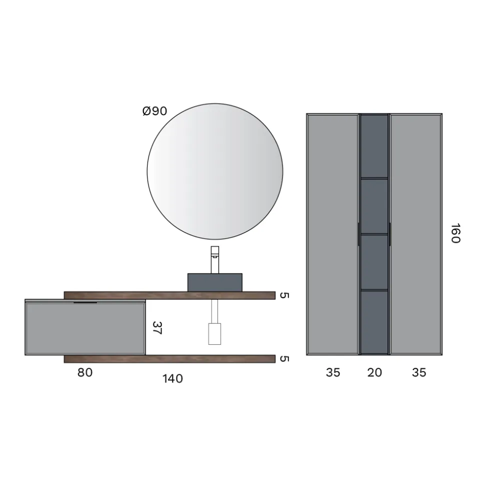 Composizione Bagno Comprensiva di 1 Base con 1 Cassetto, Lavabo e 2 Colonne - Orione