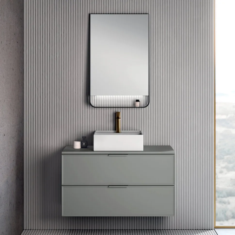 Composizione Bagno Comprensiva di 1 Base con 2 Cassetti, Lavabo e Specchio Led - Orione