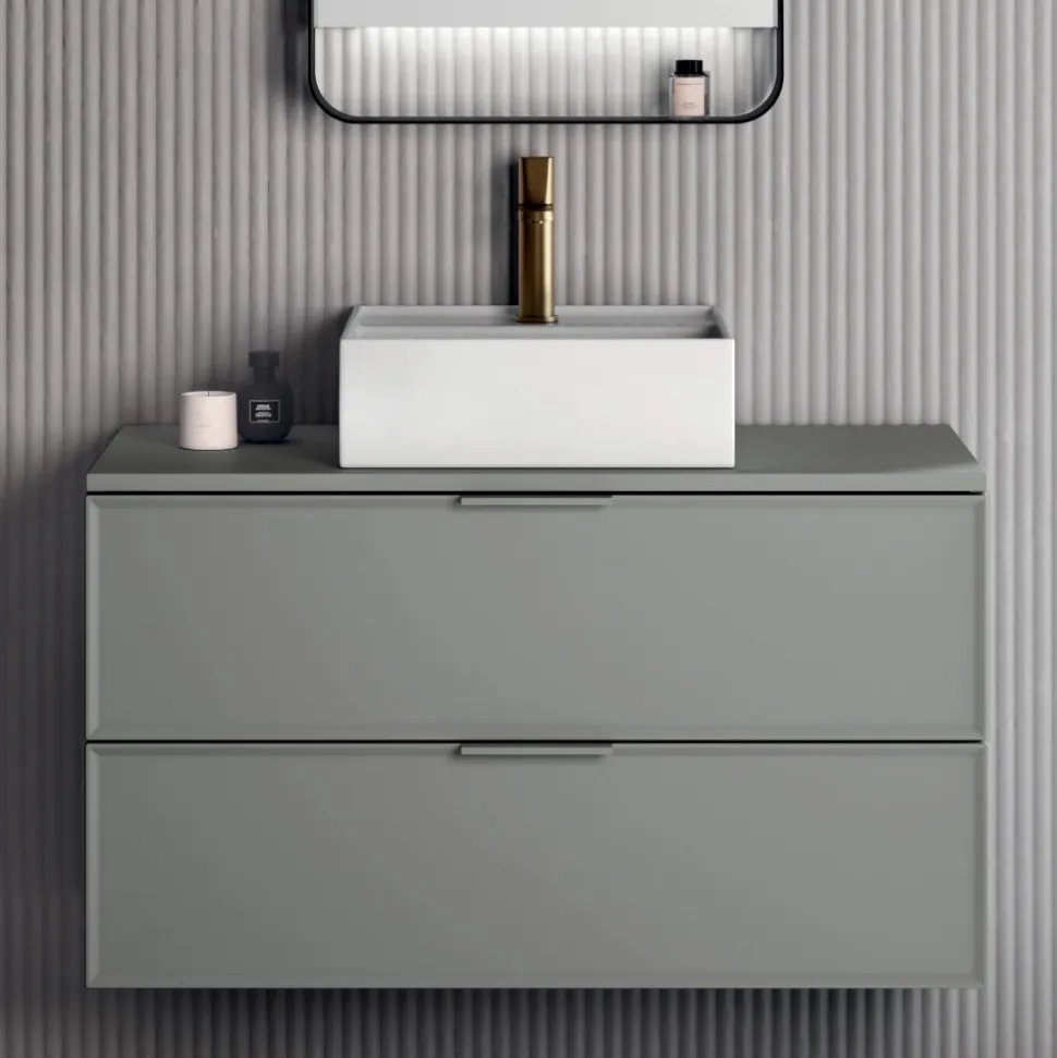Composizione Bagno Comprensiva di 1 Base con 2 Cassetti, Lavabo e Specchio Led - Orione