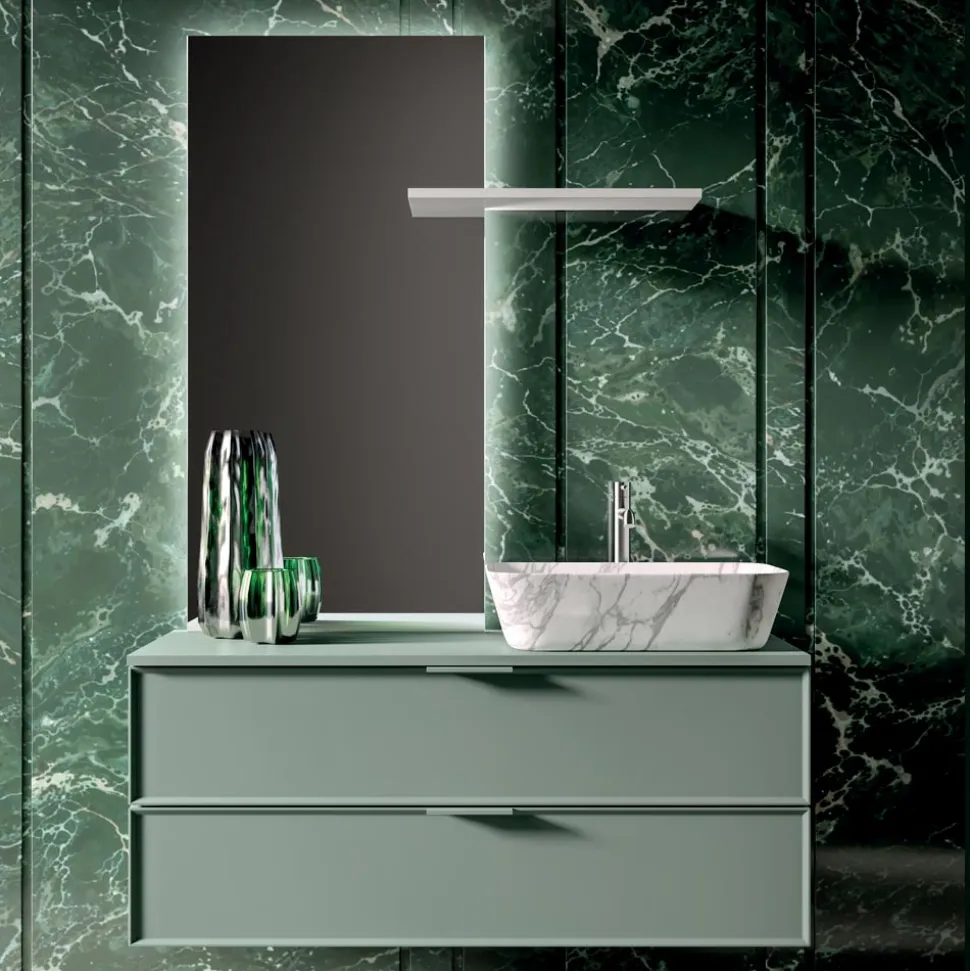 Composizione Bagno Comprensiva di 1 Base con 2 Cassetti, Lavabo e Specchio - Orione