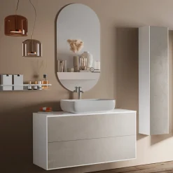 Composizione Bagno con Base Pietra Avana, Specchio e Lavabo Made in Italy - Kilos