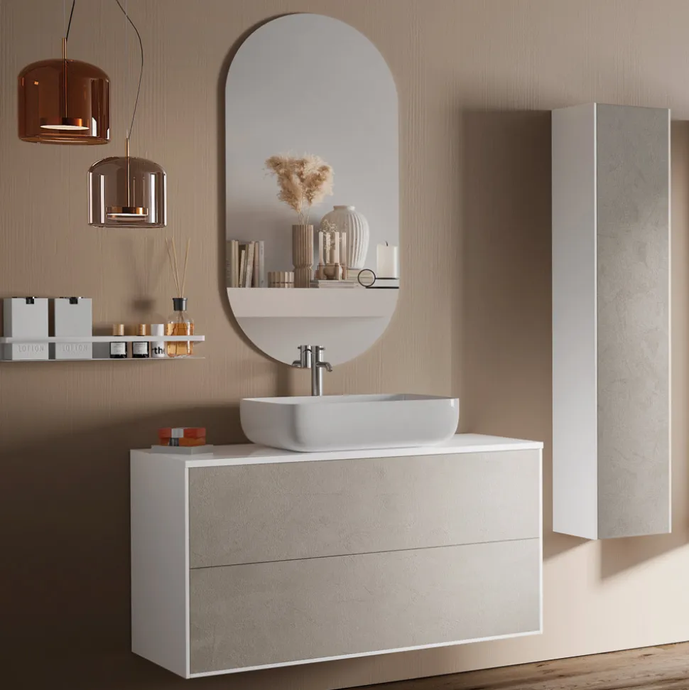 Composizione Bagno con Base Pietra Avana, Specchio e Lavabo Made in Italy - Kilos