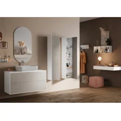 Composizione Bagno con Base Pietra Avana, Specchio e Lavabo Made in Italy - Kilos