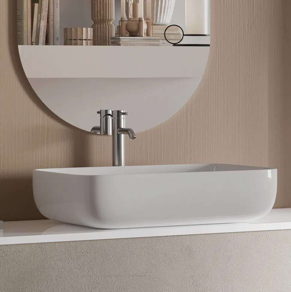 Composizione Bagno con Base Pietra Avana, Specchio e Lavabo Made in Italy - Kilos