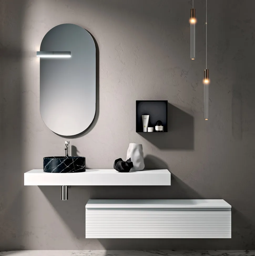Composizione Bagno con Cassetto, Lavabo, Specchio, Pensile e Mensola - Elios