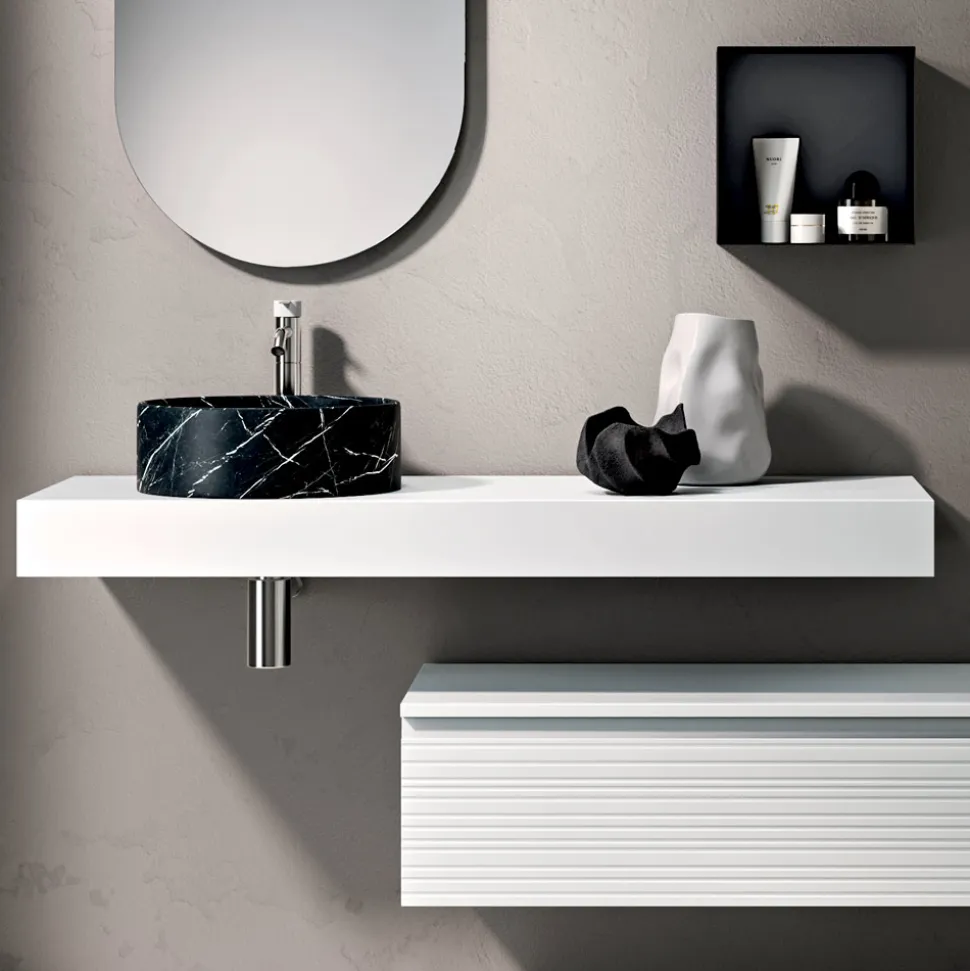Composizione Bagno con Cassetto, Lavabo, Specchio, Pensile e Mensola - Elios