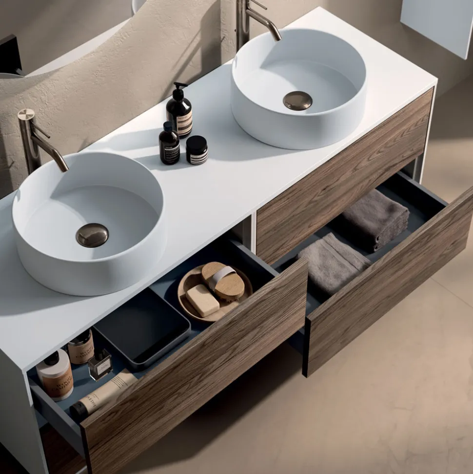 Composizione Bagno con 4 Cassetti in Rovere Rio, Specchio e Lavabo - Velaria