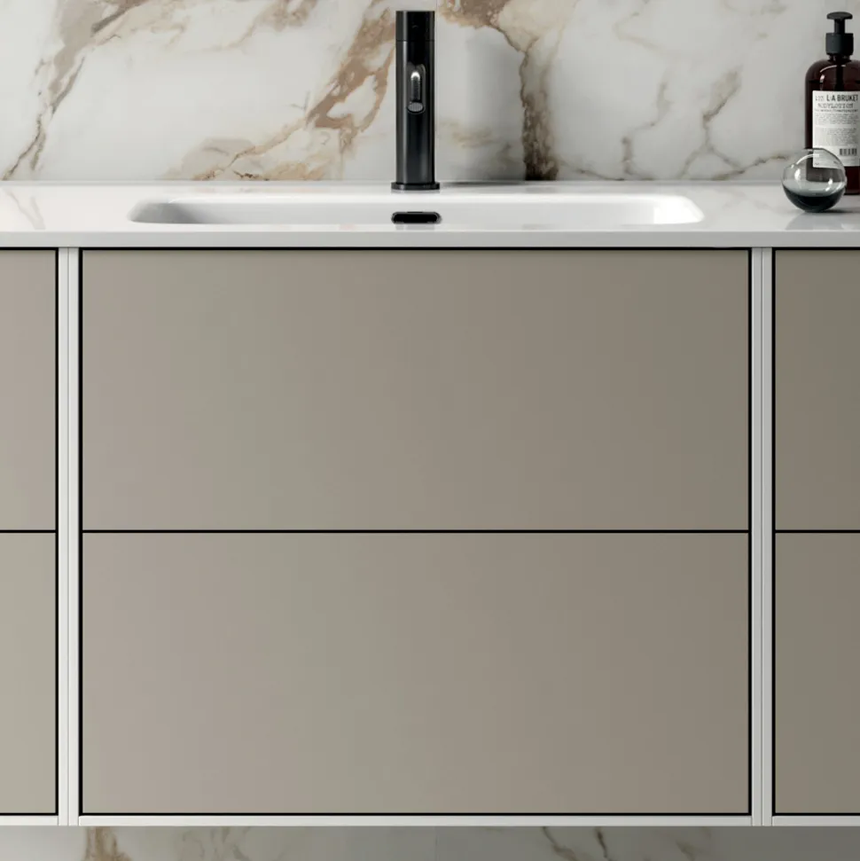 Composizione Bagno con 6 Cassetti Tortora, Specchio e Lavabo - Velaria