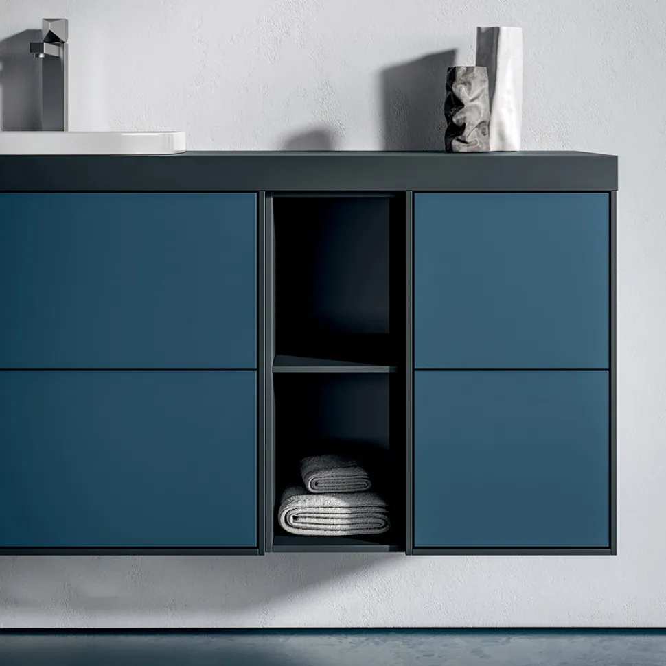 Composizione Bagno con 4 Cassetti Blu Avio, Specchio e Lavabo - Velaria