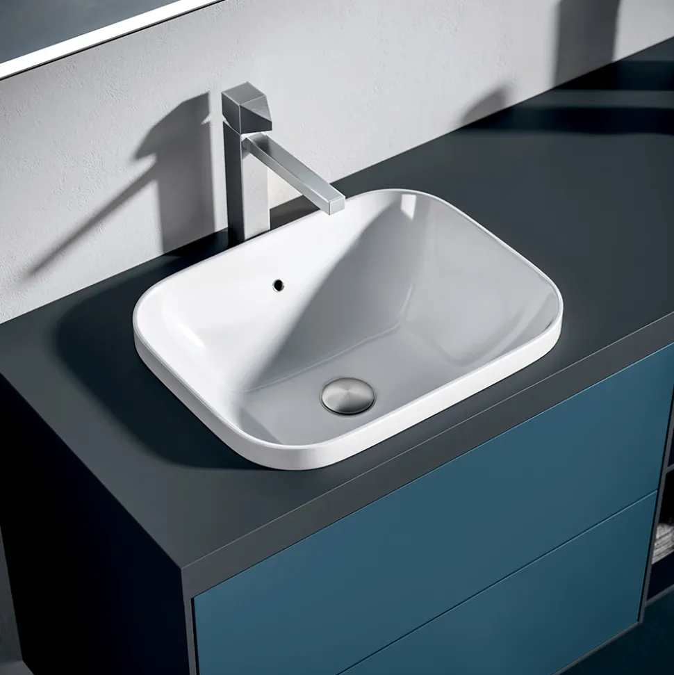 Composizione Bagno con 4 Cassetti Blu Avio, Specchio e Lavabo - Velaria