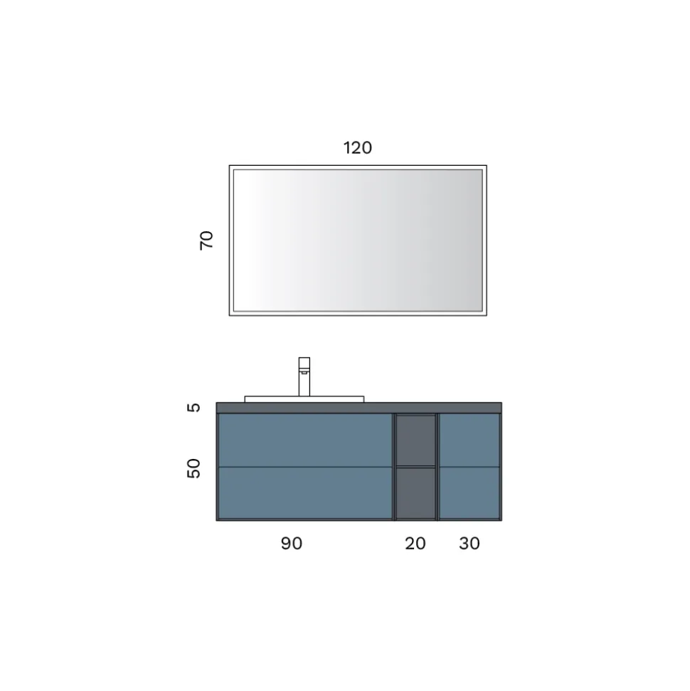 Composizione Bagno con 4 Cassetti Blu Avio, Specchio e Lavabo - Velaria