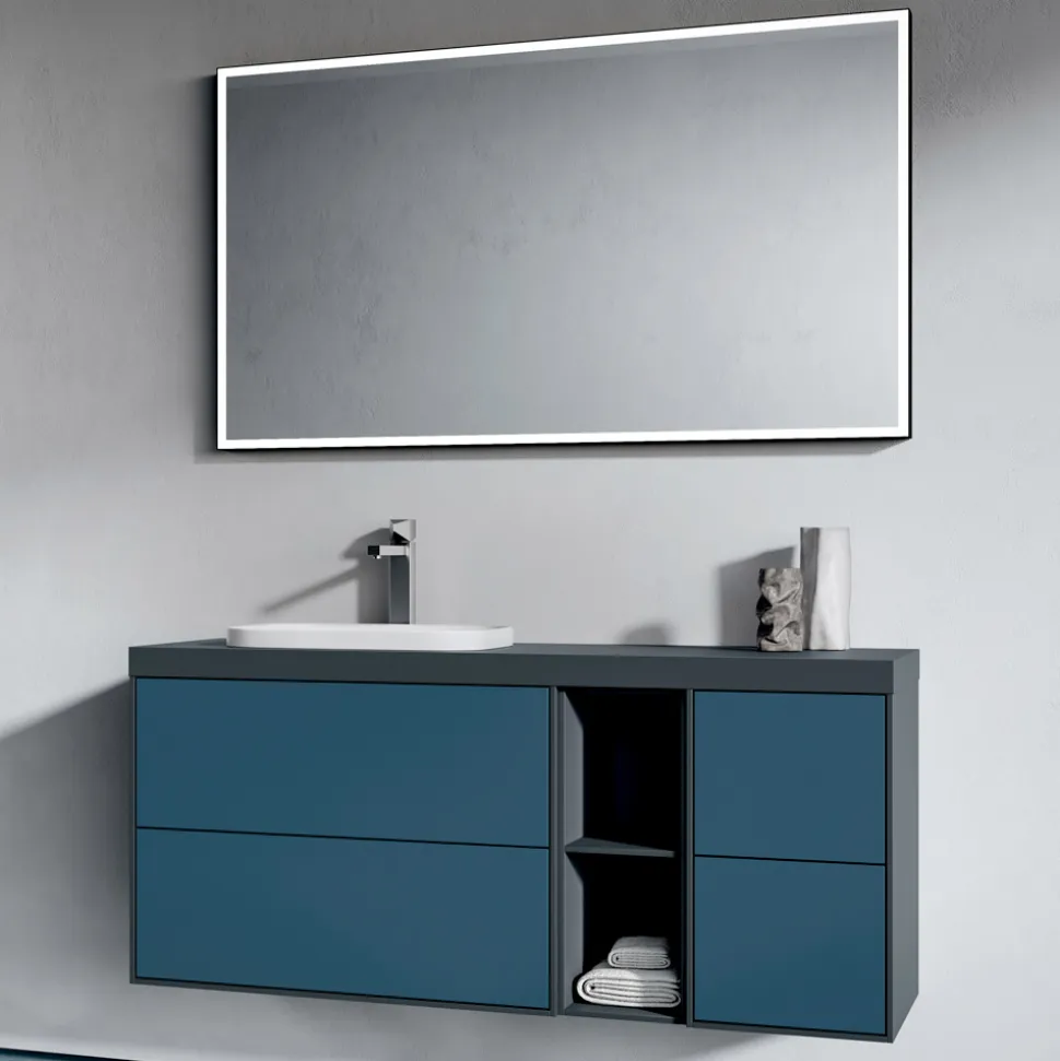 Composizione Bagno con 4 Cassetti Blu Avio, Specchio e Lavabo - Velaria