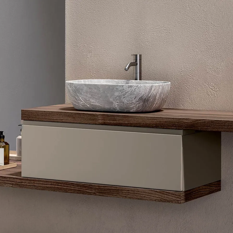 Composizione Bagno con 1 Cassetto, 2 Mensole in Quercia, Lavabo e Specchio - Titan