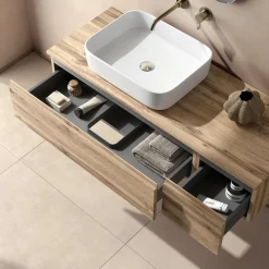Composizione Bagno con 2 Cassetti in Quercia, Lavabo in Ceramica e Specchio - Titan