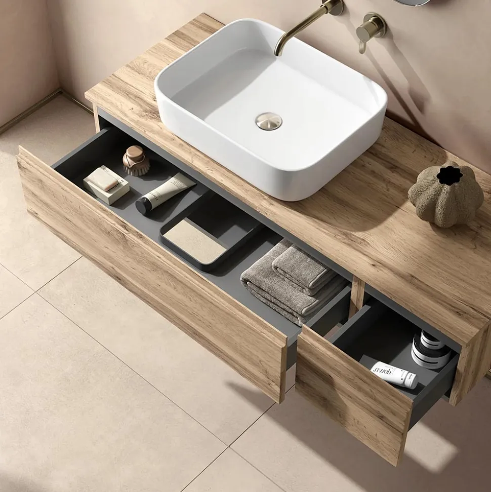 Composizione Bagno con 2 Cassetti in Quercia, Lavabo in Ceramica e Specchio - Titan