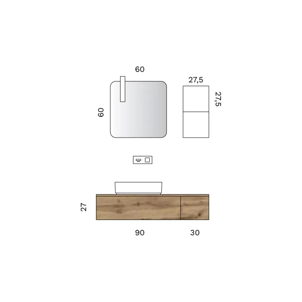 Composizione Bagno con 2 Cassetti in Quercia, Lavabo in Ceramica e Specchio - Titan