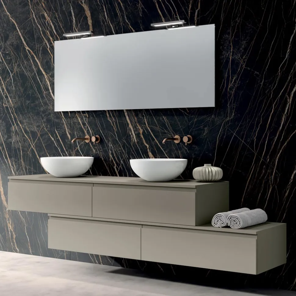 Composizione Bagno con 4 Cassetti, 2 Lavabi in Ceramica e Specchio - Titan