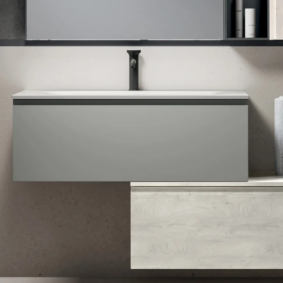 Composizione Bagno con 2 Cassetti, Pensile, Colonna e Specchio - Titan