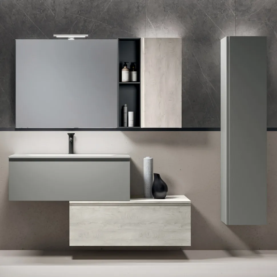 Composizione Bagno con 2 Cassetti, Pensile, Colonna e Specchio - Titan