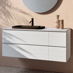 Composizione Bagno con 4 Cassetti, Lavabo in Ceramica Nero e Specchio - Elios