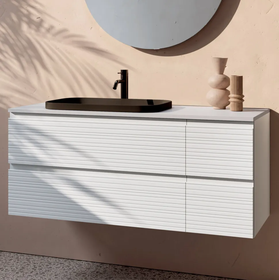 Composizione Bagno con 4 Cassetti, Lavabo in Ceramica Nero e Specchio - Elios
