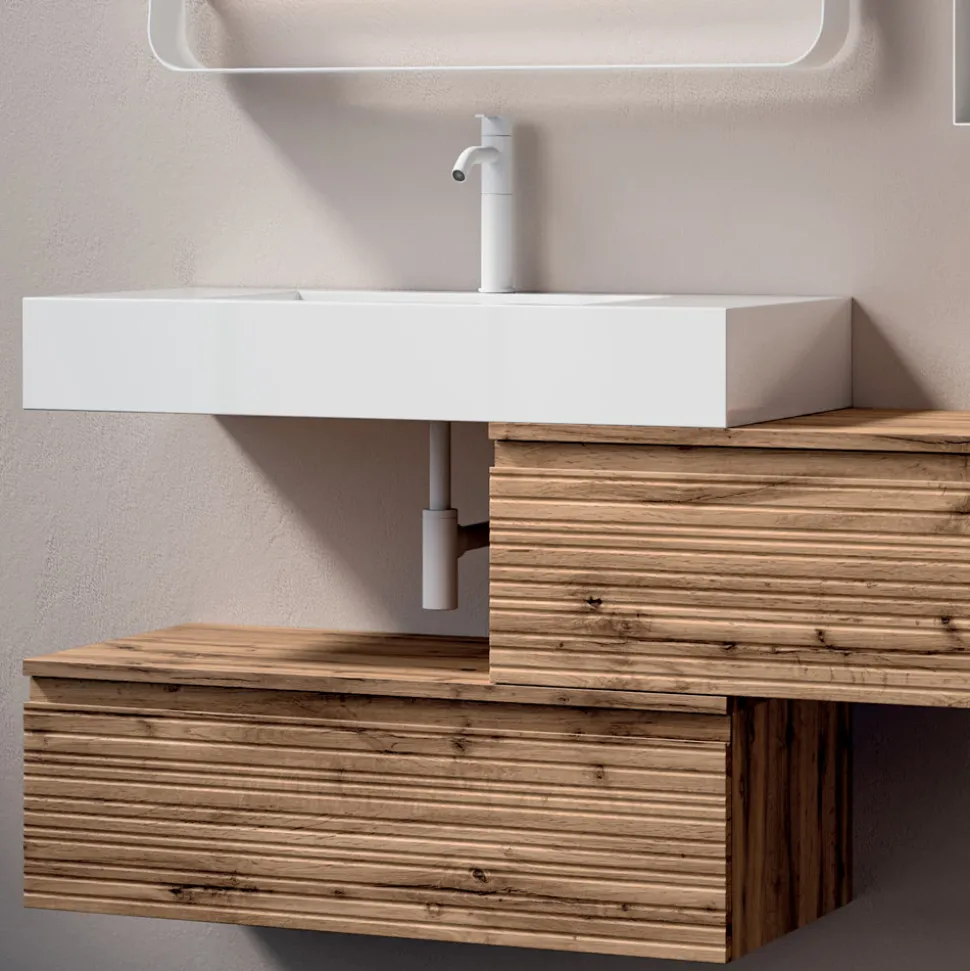 Composizione Bagno con 2 Cassetti, Lavabo Bianco, Specchio e Pensili - Elios