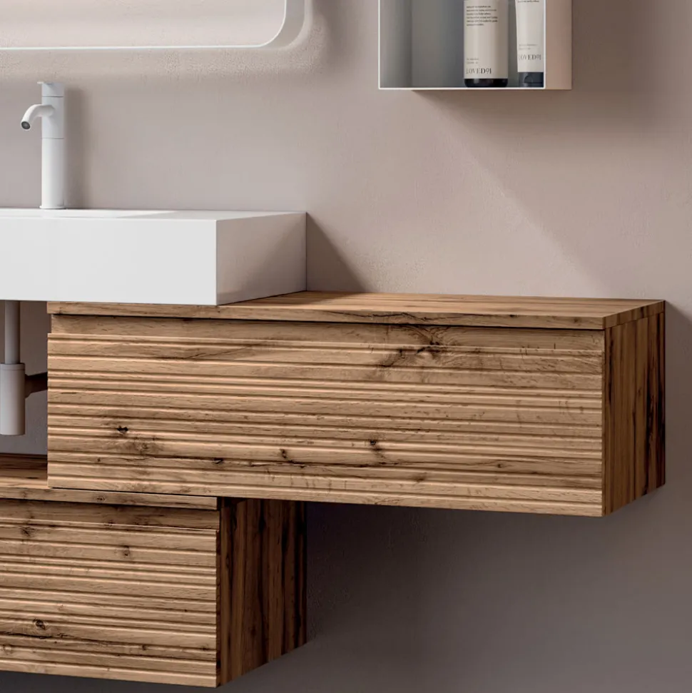 Composizione Bagno con 2 Cassetti, Lavabo Bianco, Specchio e Pensili - Elios
