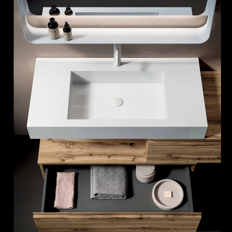 Composizione Bagno con 2 Cassetti, Lavabo Bianco, Specchio e Pensili - Elios
