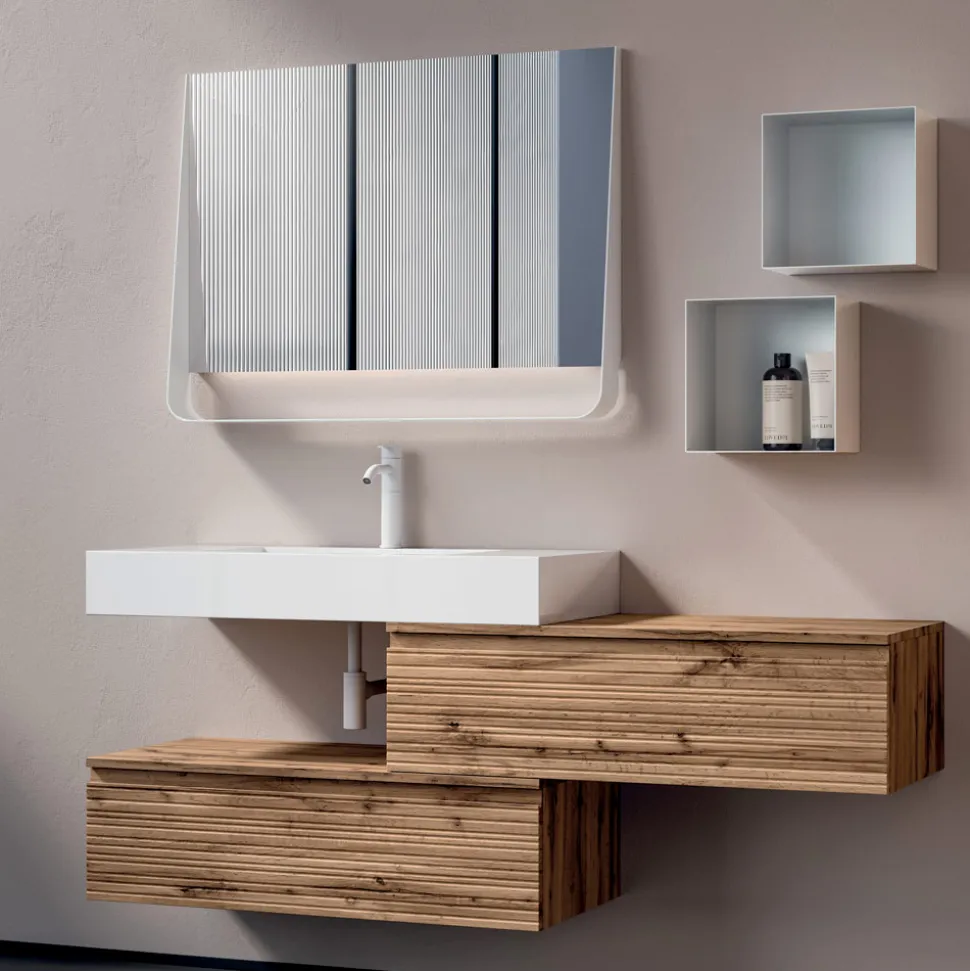 Composizione Bagno con 2 Cassetti, Lavabo Bianco, Specchio e Pensili - Elios