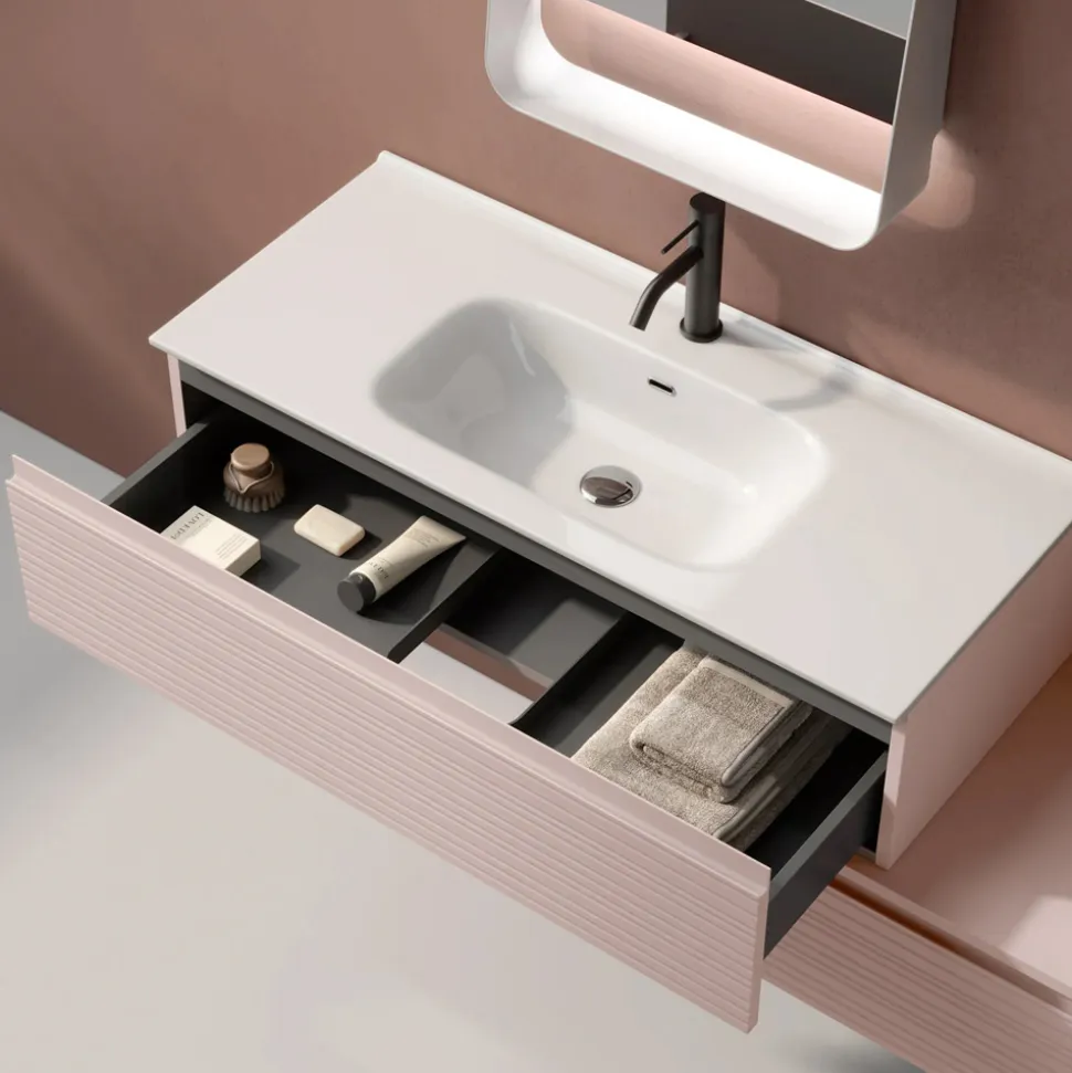 Composizione Bagno con Cassetti Rosa Cipria, Lavabo e Specchio - Elios