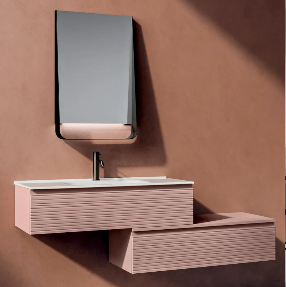 Composizione Bagno con Cassetti Rosa Cipria, Lavabo e Specchio - Elios
