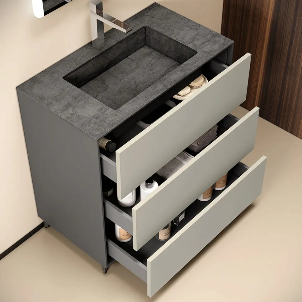 Composizione Bagno con 3 Cassetti Tortora Opachi, Specchio e Lavabo - Velaria