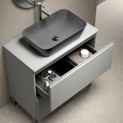 Composizione Bagno con 1 Cassetto, Lavabo in Resina Antracite e Specchio - Titan