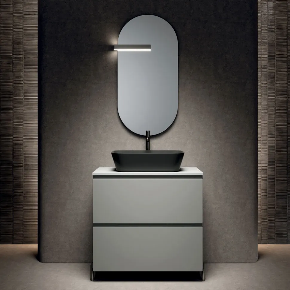 Composizione Bagno con 1 Cassetto, Lavabo in Resina Antracite e Specchio - Titan
