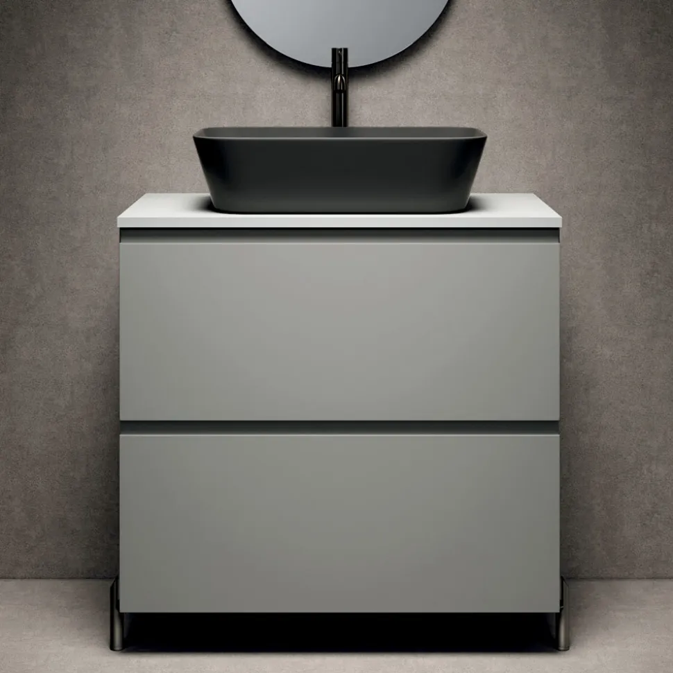 Composizione Bagno con 1 Cassetto, Lavabo in Resina Antracite e Specchio - Titan