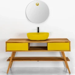 Composizione Bagno con Mobile in Teak e Lavabo Dettagli Gialli - Georges