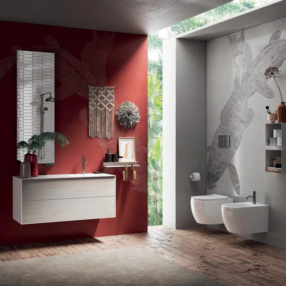 Composizione Bagno con Specchio Girevole 180°, Base e Lavabo Made in Italy - Kilos