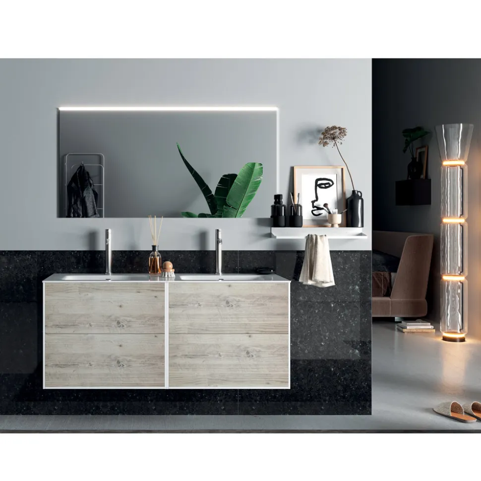 Composizione Bagno con Specchio, Lavabo Doppio e Base Made in Italy - Kilos