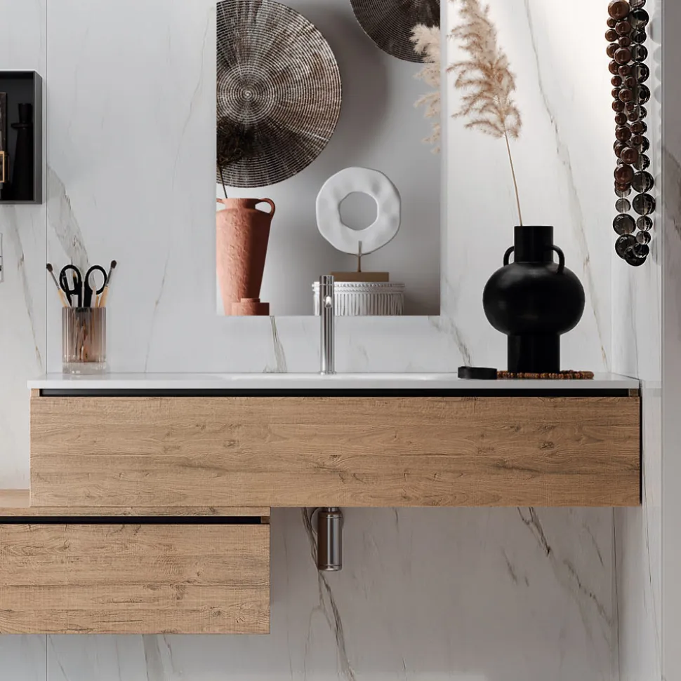 Composizione Bagno con Specchio, Lavabo in resina e Base Made in Italy - Palom