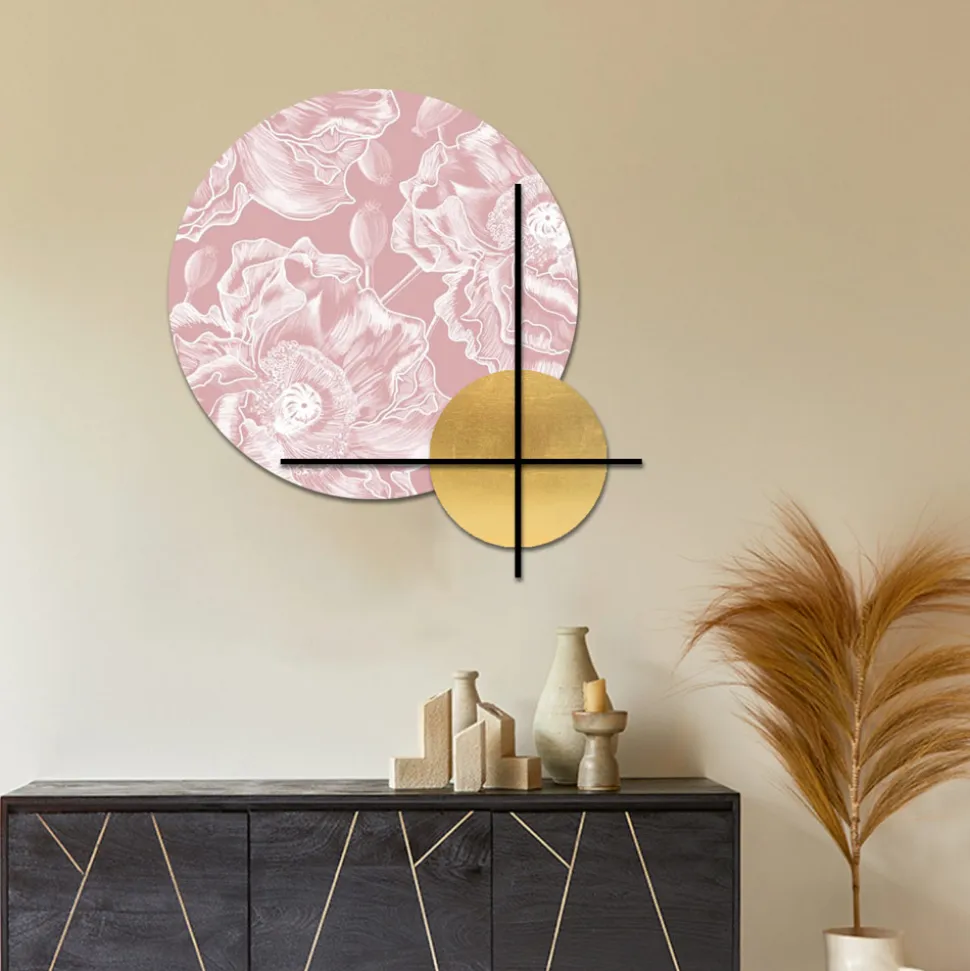 Composizione di Pannelli in Legno Rosa o Verde con Fiori Bianchi Made in Italy - Figi