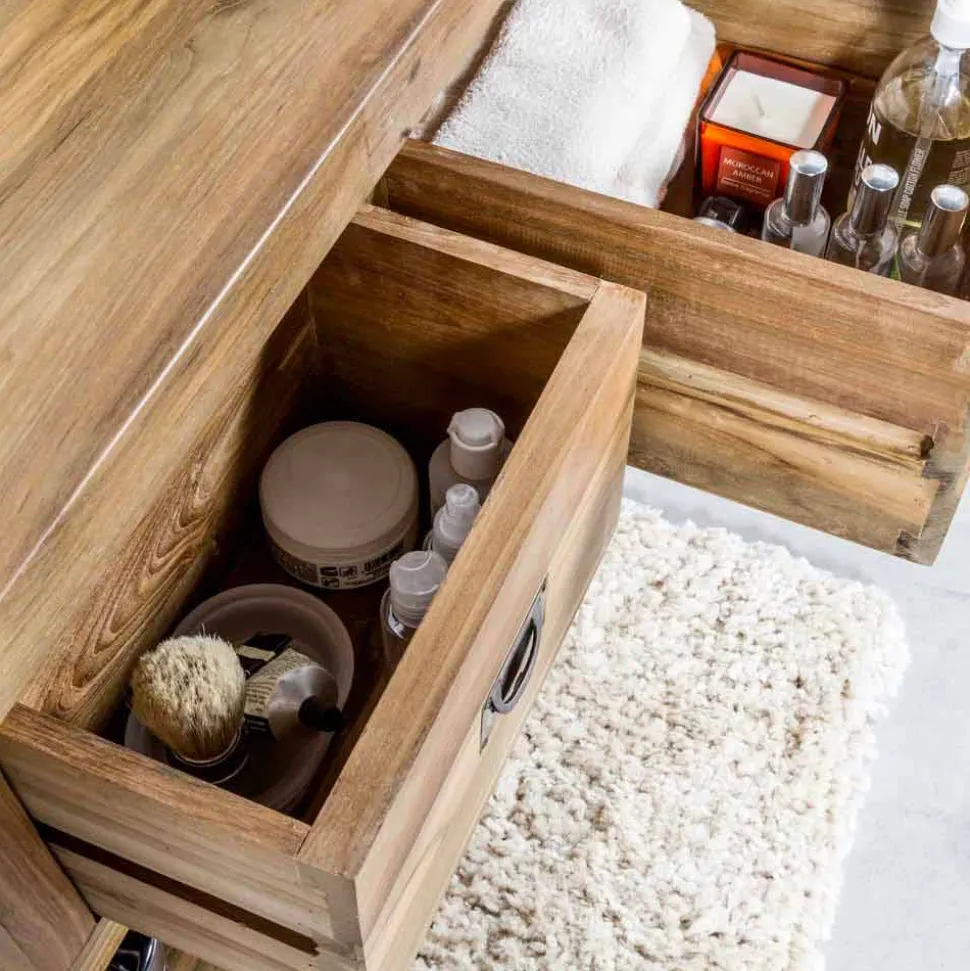 Composizione 3 Mobili Bagno in Legno di Teak con Lavabo in Resina - Essence