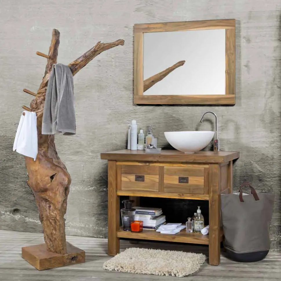 Composizione 3 Mobili Bagno in Legno di Teak con Lavabo in Resina - Essence