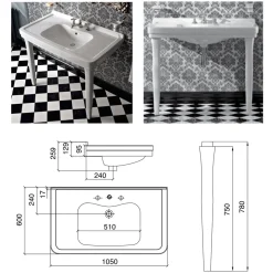 Consolle Bagno 105 cm Vintage in Ceramica Bianca con Piedi,Made in Italy - Marwa