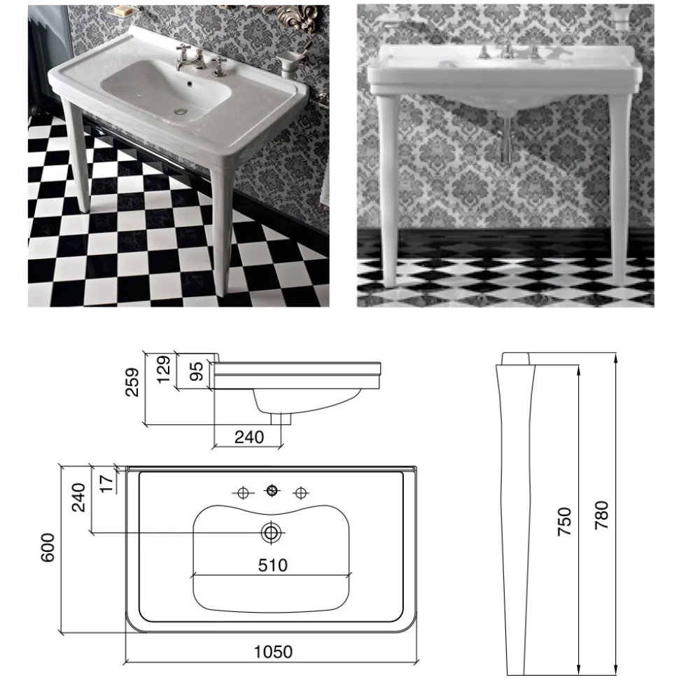 Consolle Bagno 105 cm Vintage in Ceramica Bianca con Piedi,Made in Italy - Marwa