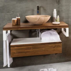 Consolle Bagno Sospesa in Teak e Hi Macs® con Cassetto Contenitore - Rodolfo