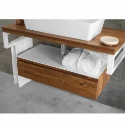 Consolle Bagno Sospesa in Teak e Hi Macs® con Cassetto Contenitore - Rodolfo