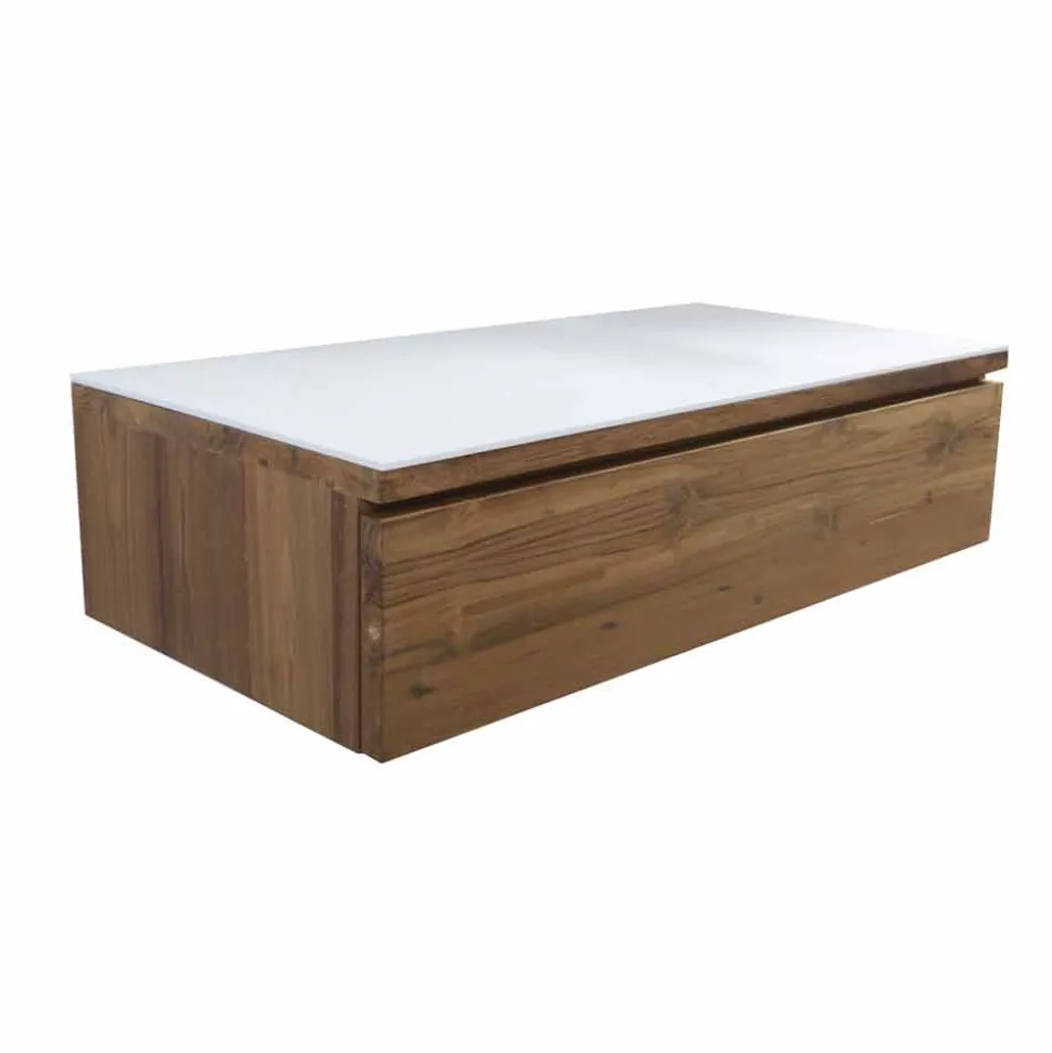Consolle Bagno Sospesa in Teak e Hi Macs® con Cassetto Contenitore - Rodolfo