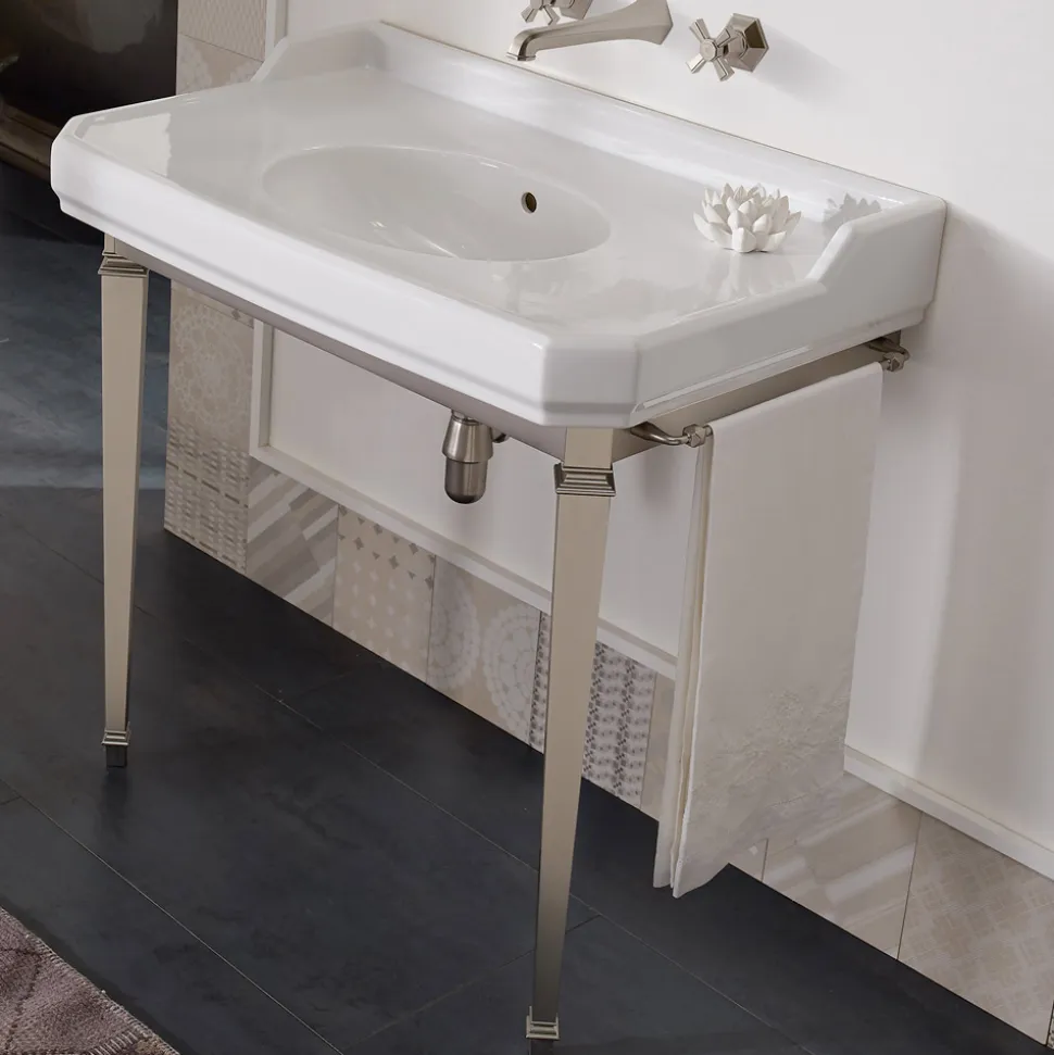 Consolle Bagno Vintage 90 cm, Ceramica Bianca, con Piedi Made in Italy - Nausica