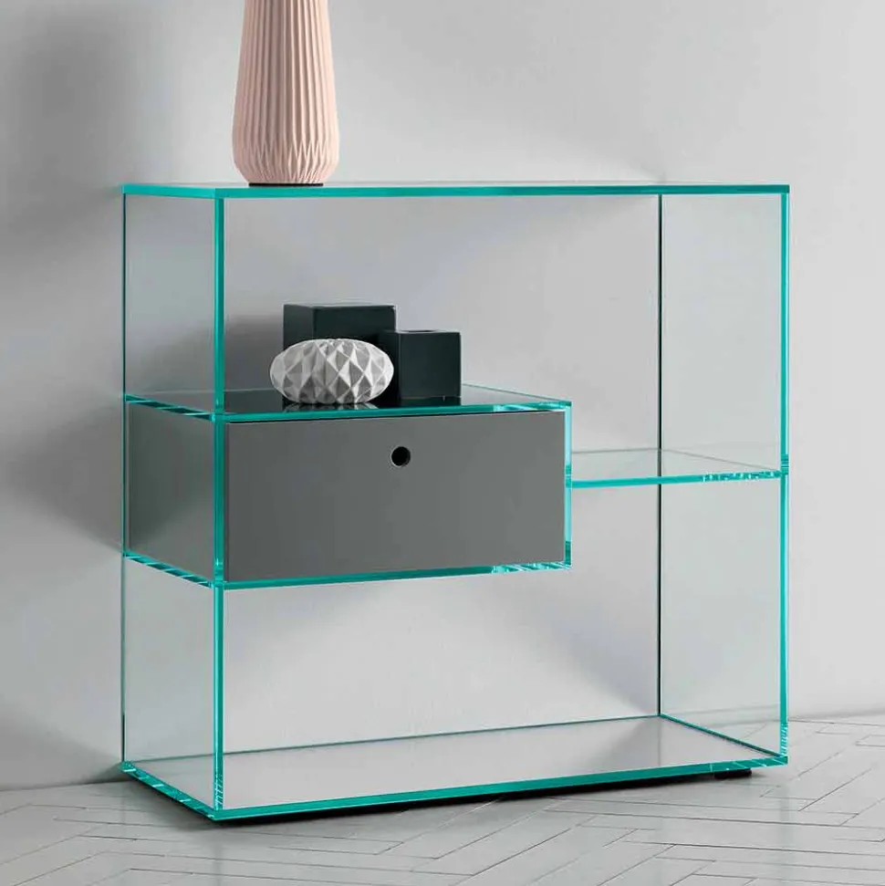 Consolle da Ingresso a Parete in Vetro Extrachiaro con Cassetto Laccato - Linzy