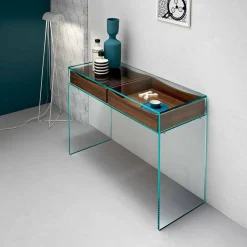 Consolle da Ingresso in Vetro Extrachiaro con 2 Cassetti Noce Canaletto - Selex